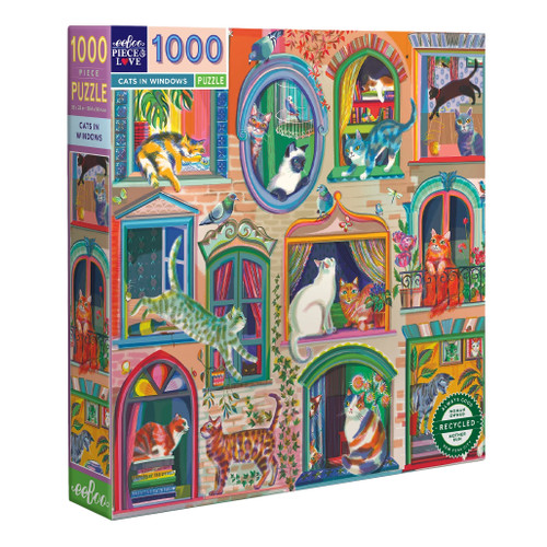 An image of an EeBoo Piece & Love Cats In Windows 1000-Piece Puzzle.
