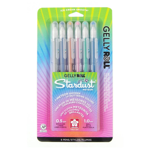 An image of a Sakura Gelly Roll Stardust Meteor 6-Color Glitter Gel Pen Set. 